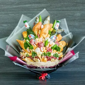 Большой подарочный букет для мужчин с рыбой, сырами, колбасами и безалкогольным пивом - №887