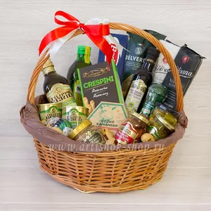 Съедобная корзина с итальянскими продуктами Filippo Berio, пастой, оливковым маслом и соусами песто - №1581